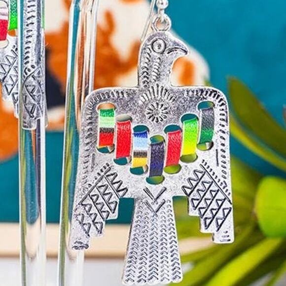 Multicolor Stitched Western Southwest Etched Firebird Earrings - Picture 2 of 2